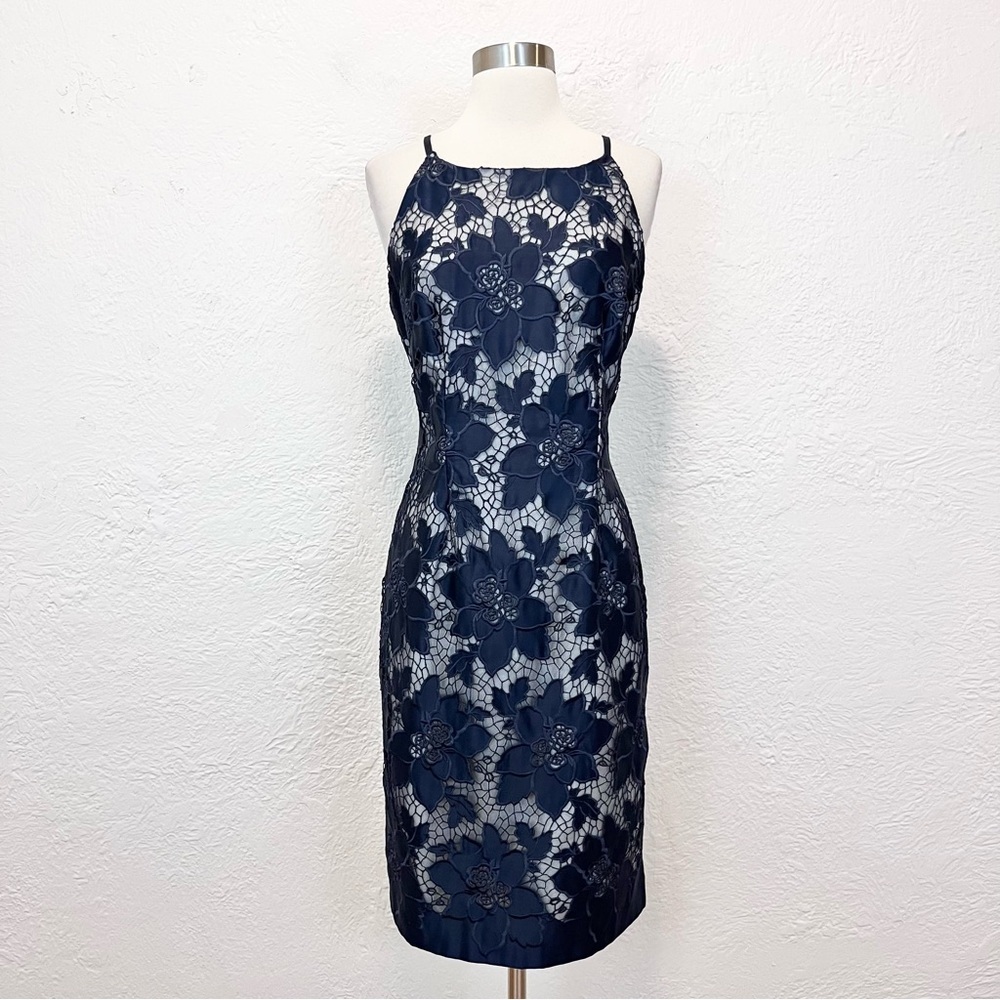 Aidan Mattox Navy Lace Floral Midi Dress with Ivory Lining